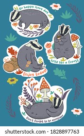 Stickers with badgers and forest pieces. Vector graphics.