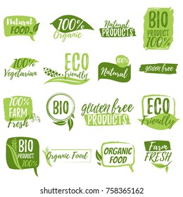 Stickers and badges for organic food and drink, restaurant, food store, natural products, farm fresh food, healthy products promotion. Natural products badges vector illustration