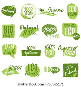 Stickers and badges for organic food and drink, restaurant, food store, natural products, farm fresh food, healthy products promotion. Natural products badges vector illustration