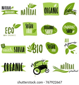 Stickers and badges for organic food and drink, restaurant, food store, natural products, farm fresh food, healthy products promotion. Natural products badges vector illustration