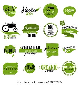 Stickers and badges for organic food and drink, restaurant, food store, natural products, farm fresh food, healthy products promotion. Natural products badges vector illustration