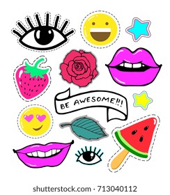Pegatinas, insignias, pin, colección de juego de parches. Rosa, labios, ojo, sonrisa, estrella, trozo de sandía, fresa. Obra vectorial. Concepto vintage, retro. Negro, blanco, rojo, azul, morado. Estilo de caricatura.