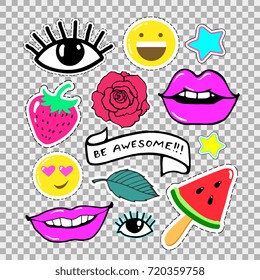 Stickers, badges, pin, patch set collection. Rose, lips, eye, smile, star, watermelon slice, strawberry. Vector artwork. Vintage, retro concept. Black, white, red, blue, purple color. Cartoon style.
