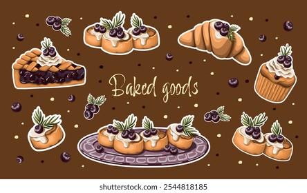 Pegatinas con productos horneados. Postres de arándanos: pastel, panqueque de queso, croissant, cupcake. Vector.