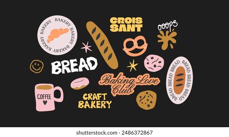 Pegatinas de panaderías y cafeterías. Etiquetas minimalistas pasteles frescos y bebidas calientes en un estilo de dibujos animados. Insignias de moda y logos vintage 90s