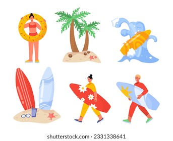 Pegatinas con elementos de playa. Personas con tablas de surf, palmeras en la isla. Clima caliente y temporada de verano. Mar o océano. Colección vectorial plana de dibujos animados aislada en fondo blanco
