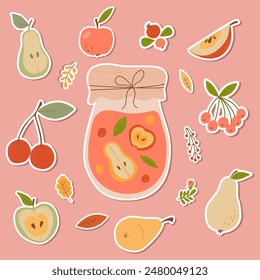 Stickers of berries and fruits.Cute jar with homemade autumn compote, jam. Preserved fruits, berries. Home preserving, harvesting, supplies for winter. Sweet dessert of berries. Autumn harvest season