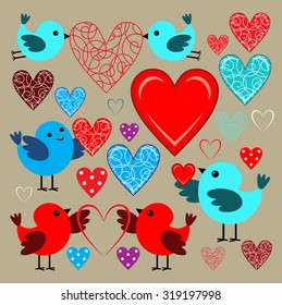 Stickers with birds and hearts. Scrapbook. Vector illustration