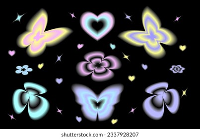 Stickers with a blurred Y2K effect. Abstract geometric shapes in trendy  retro style. Vector illustration