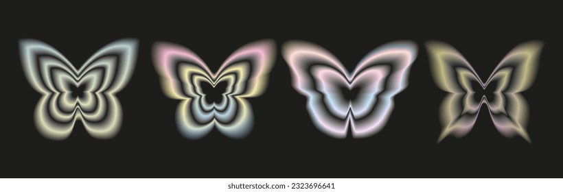 Stickers with a blurred Y2K effect. Butterfly shapes in trendy retro style. Vector illustration.