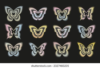 Stickers with a blurred Y2K effect. Butterfly shapes in trendy retro style. Vector illustration