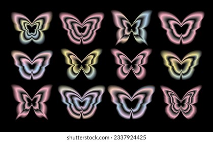 Stickers with a blurred Y2K effect. Butterfly shapes in trendy retro style. Vector illustration.