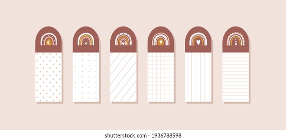 Stickers with boho rainbows. Template design for organizing your planner, diary or notepad. Cute vector illustration in flat cartoon style.