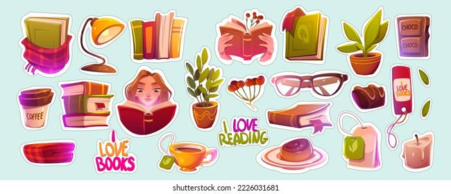 Pegatinas con libros, niña lectora, café, taza de té, vasos, plantas y postres. Concepto de hobby de lectura, educación, literatura, biblioteca con iconos de libros, conjunto de dibujos vectoriales