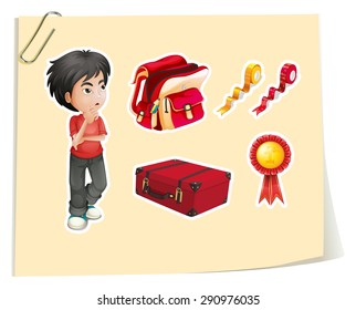 Stickers of a boy and other accessories on a paper 