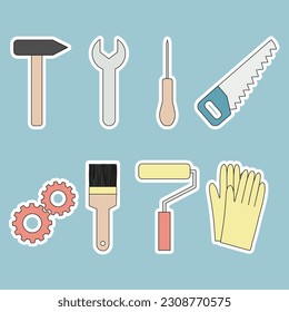 Stickers with building and repair tools set, doodle style vector