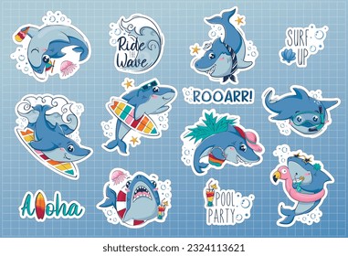 stickers Bundle of cartoon funny sharks. Summer beach characters for fashion design, advertising