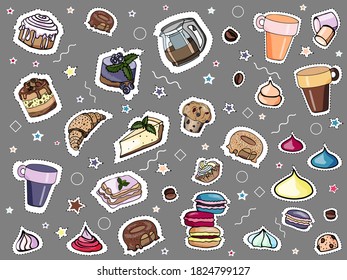 Stickers, cake, sweets on a gray colored background. drawn by hand. muffin, marshmallows, marshmallows, macaroons, coffee, cookies colored stickers.
