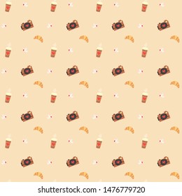 Stickers from the camera, coffee and croissant. Pattern