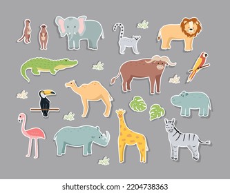 Stickers of cartoon animals of Africa, vector illustration of cute funny animals