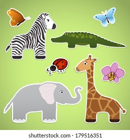 Stickers with cartoon animals, flower, butterflies