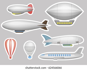 Stickers of cartoon balloons, airships and airplanes. Kids patches, stickers, badges or pins design kit. Vector illustration.