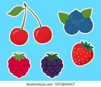 Stickers with cartoon berries. Cute strawberry, raspberry, blueberry, cherry and blackberry. Summer fruits isolated on blue background