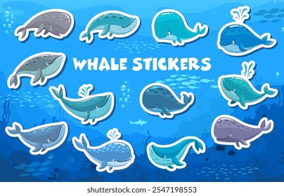 Stickers of cartoon funny whales characters. Cute underwater animals vector personages of blue, sperm and humpback whales swimming with water fountains. Happy water animals stickers pack