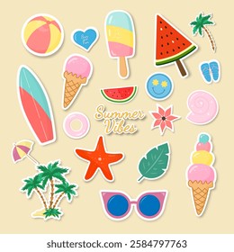 Stickers or cartoon icons on a beige background. A large set of summer stickers. Fashionable design in the style of pop art of the 80s. Vector illustration.