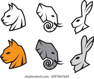 Stickers cat, elephant, hare. Logo with a cat. Logo with an elephant. Logo with a hare. Sign with animals. An example of a logo mark.