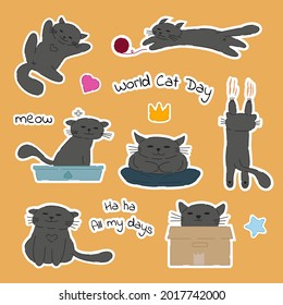 Stickers with cats. A set of stickers on the theme of world cat day. World cat day. Cute stickers with a gray cat. Vector. Stickers with a cat for decorating things, decorating messages, postcards.