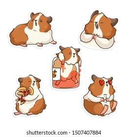 Stickers with the character Guinea pig. Animal character design. Guinea pig in various poses.