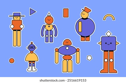 Stickers characters from simple geometric figures. Cute characters with outline. Robots from simple figures.