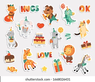 Stickers child happy Birthday with cake, text, animals, present. Template