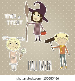 Stickers with children dressed in costume for Halloween. Stickers for Halloween. eps 10
