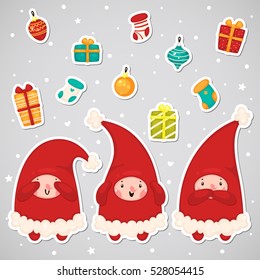 Stickers with Christmas Elves and decorations, set, vector.