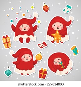 Stickers with Christmas Elves, set, vector.