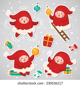 Stickers with Christmas Elves, set, vector.