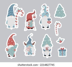 Stickers Christmas family gnomes. Collection Scandinavian gnomes with Christmas tree, caramel stick, gift and New Years gnome girl with lollipop. Vector colorful Isolated Digital Printable Stickers.