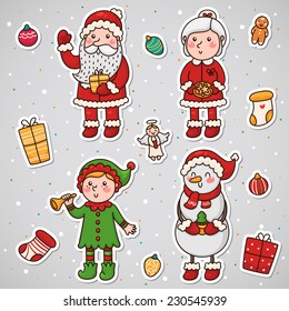 Stickers with Christmas and New year characters, set, vector.