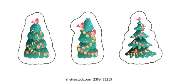 Stickers Christmas trees for print and design, cartoon. Christmas decorations. Hand drawn