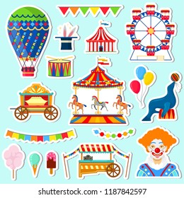 Stickers Of Circus And Amusement Elements In Flat Style On Blue Background