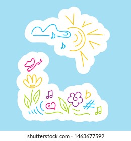 Stickers. Cloud, notes, sun, flower butterfly rainbow musical notation Hand drawn