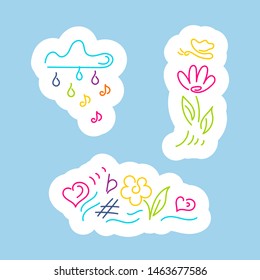 Stickers. Cloud with rain of notes, flower, butterfly, rainbow, musical notation Hand drawn
