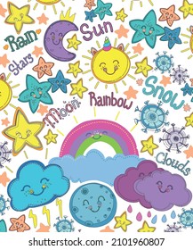 Pegatinas nubes, arco iris, mes, luna, estrellas del set "Clima". Vector.Cuidados colores pastel. El conjunto incluye patrones, marcos, fondos y garabatos. 
