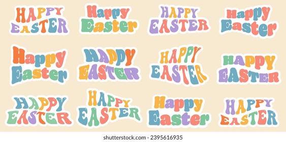 Stickers collage with Happy Easter lettering in trendy groovy 70s style.Vector illustration