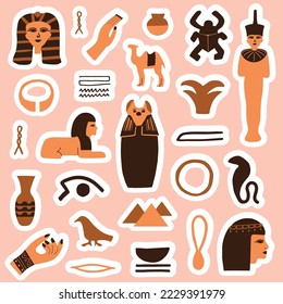 Stickers collection with Ancient Egypt icons, ancient sculptures and hieroglyphs. Trendy abstract antique texture. Colored flat vector illustration.