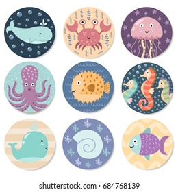 Stickers collection with cute sea animals. Great for baby shower and kids design. Whale, octopus, crab, jellyfish, seahorse, fish and shell. Vector illustration