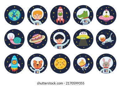 Stickers collection with cute space characters. Space badges with kids astronauts, animals, planets and aliens. Funny round labels set for kids design. Vector illustration