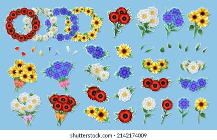 Stickers collection of different spring and summer flowers, such as cornflower, sunflower, poppy, chamomile in bouquets, bunches, wreath, etc in clip art style for decoration